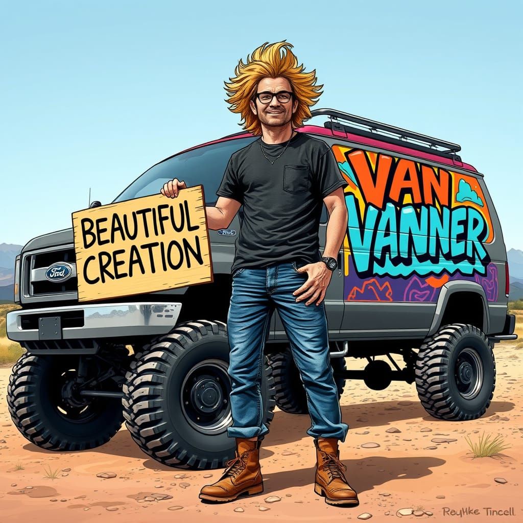 Laid-Back Counterculture Icon in Front of a Customized Van