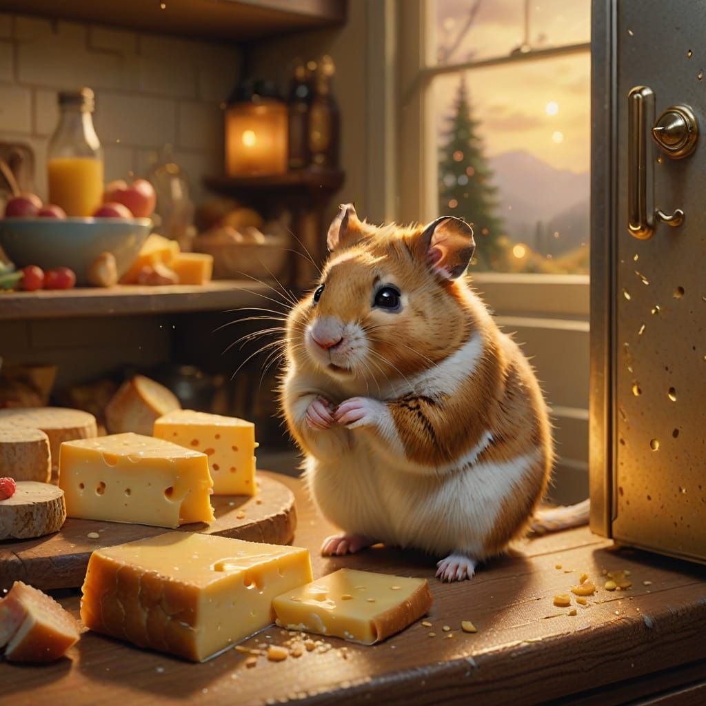 Hamster Cheese Heist in Ethereal Fantasy Style