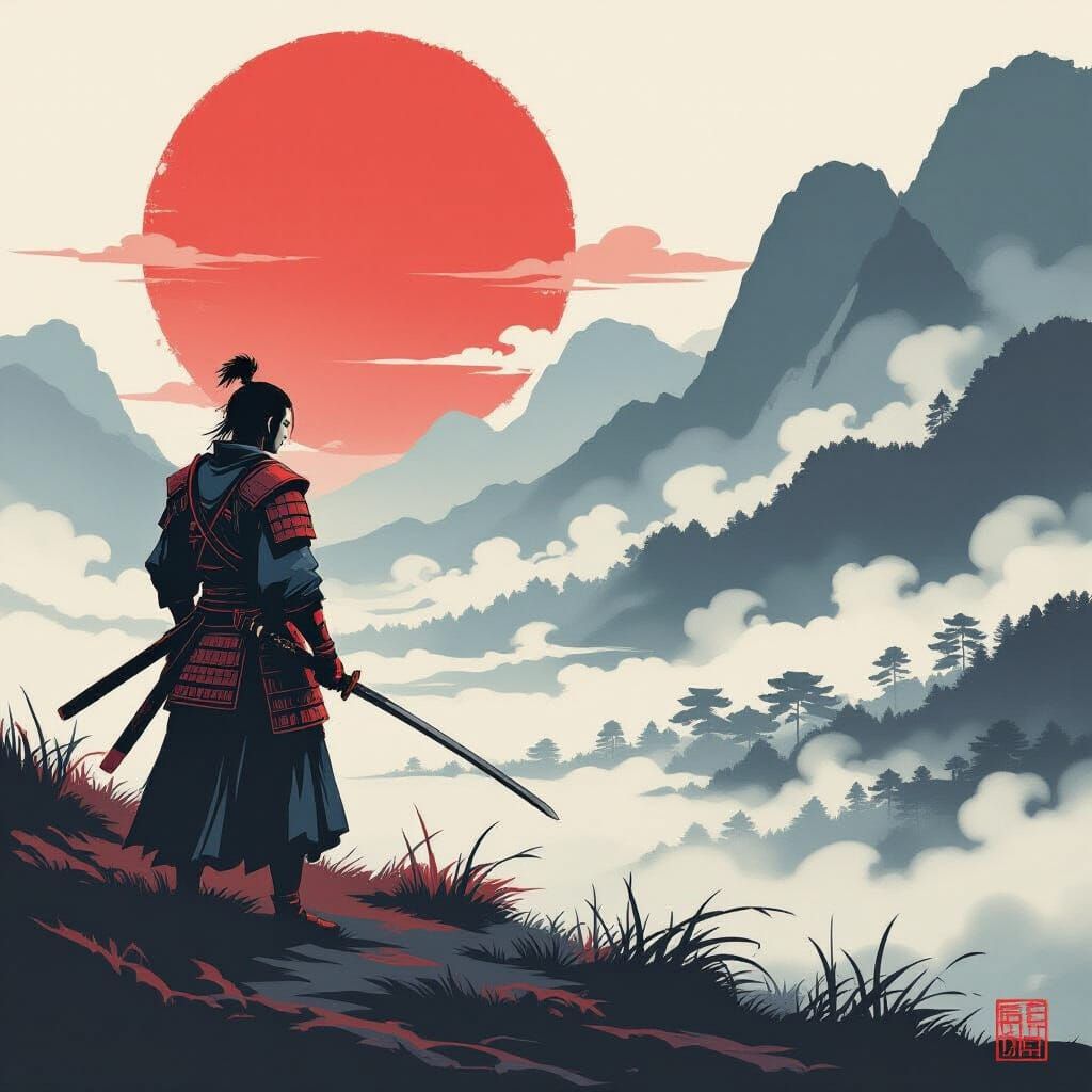 Samurai Warrior on Foggy Battlefield in Ukiyo-e Manga Style
