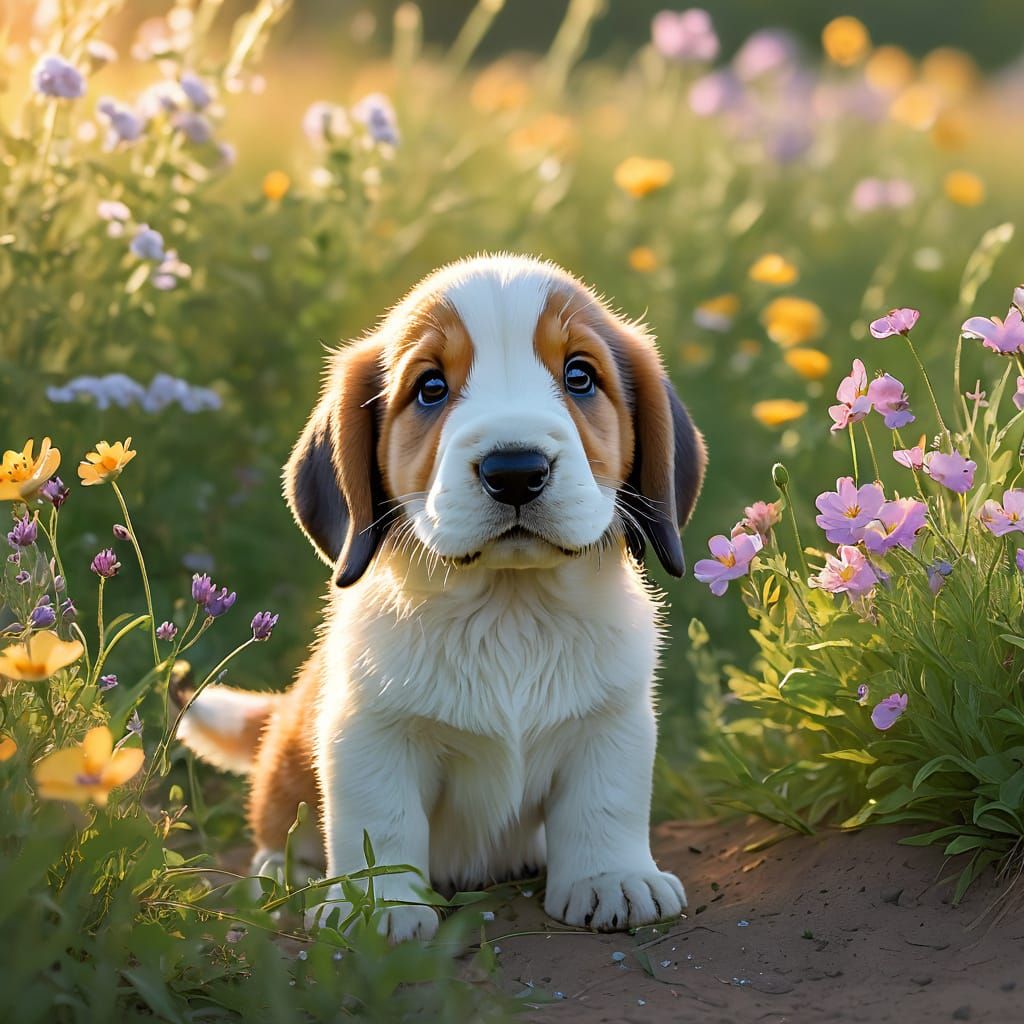 Kawaii Basset Hound Puppy and Fox Cub in Wildflower Field