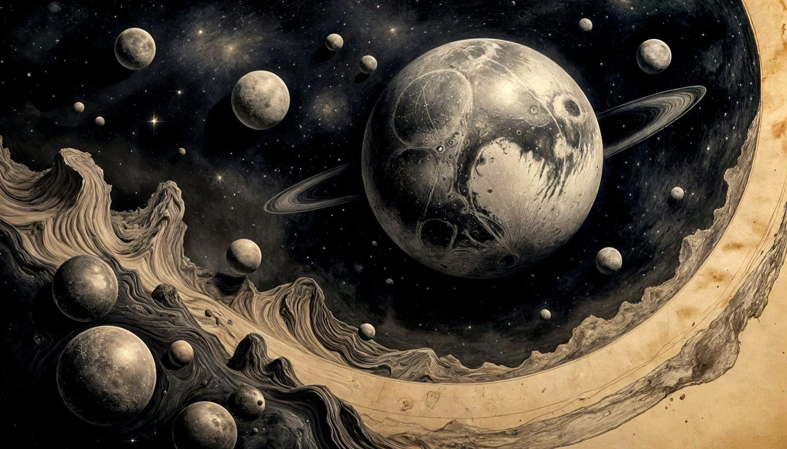 Pluto Detailed Charcoal Drawing on Parchment