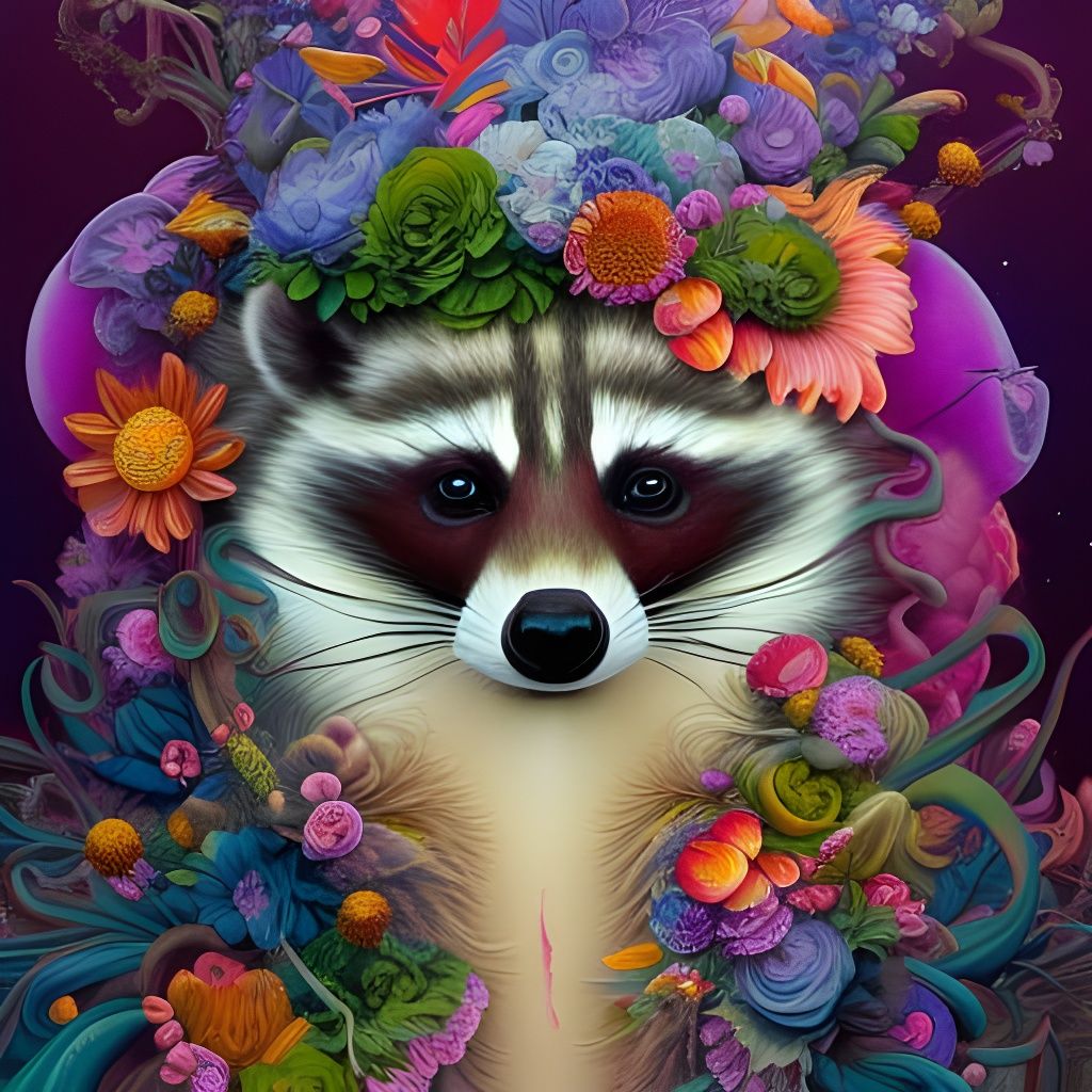 Psychedelic Raccoon Portrait Covered in Flowers