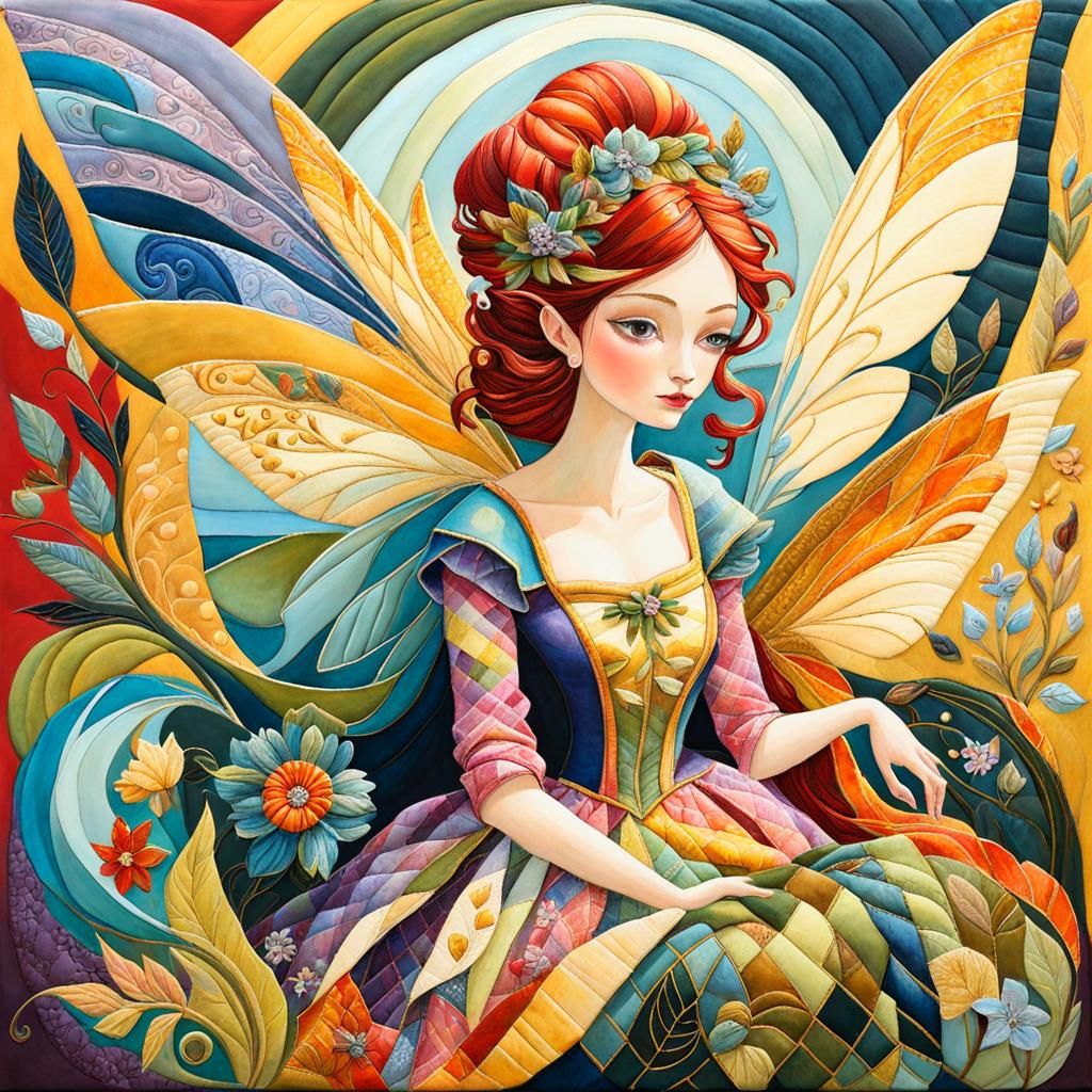 Surreal Patchwork Fairy in Impasto Gouache Style