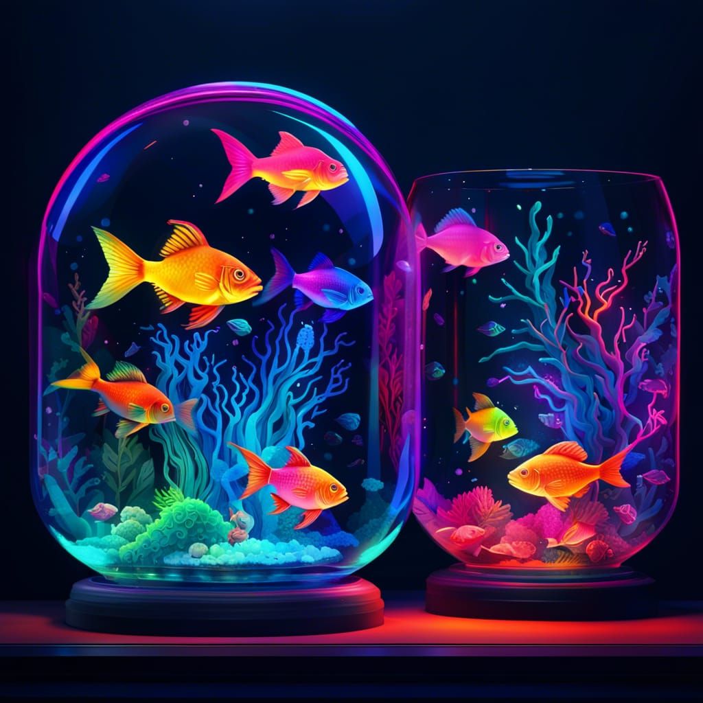 Neon Fish in Glass Vessel: Cosmic Holographic Illustration