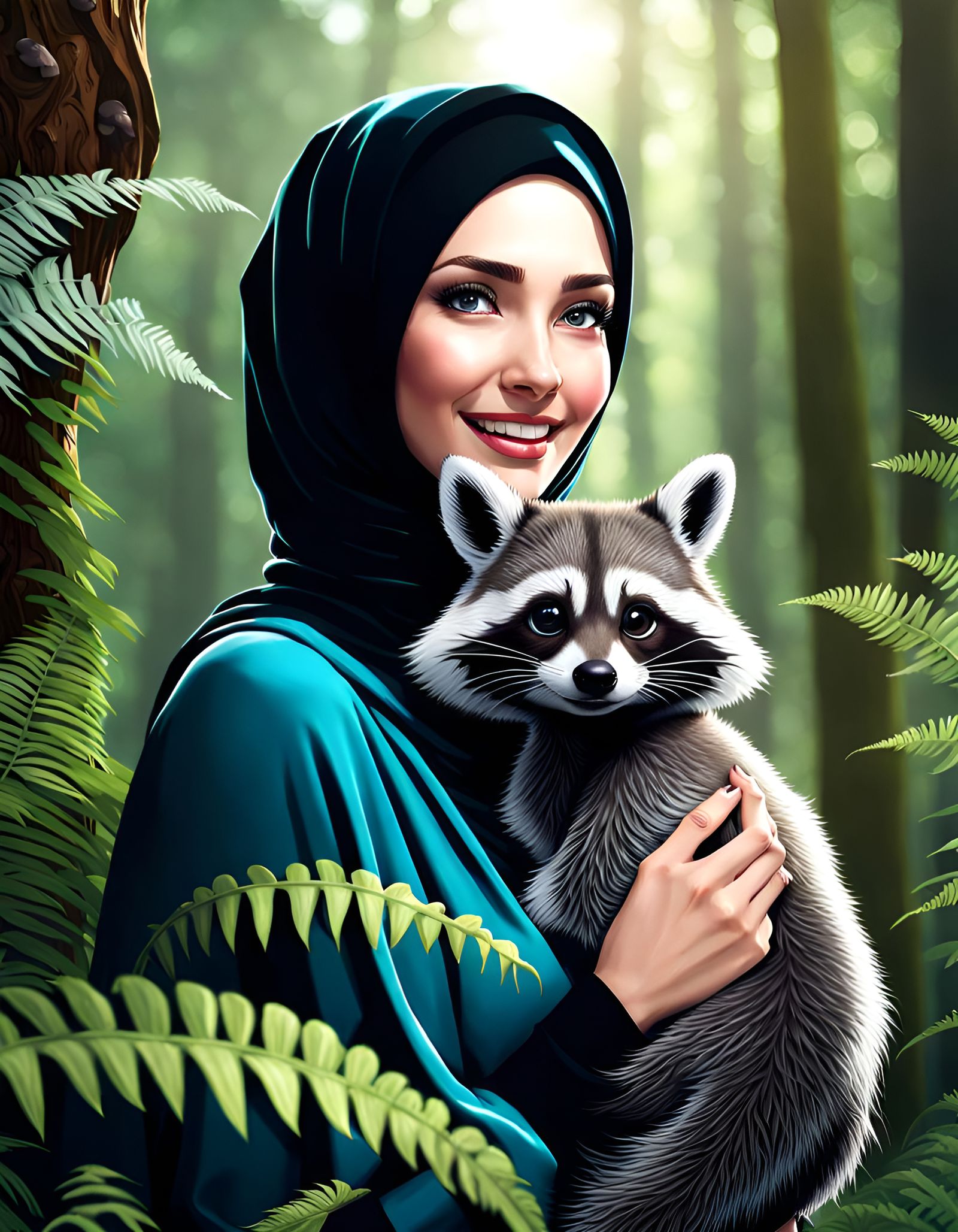 Woman in Hijab Hugs Raccoon: Realistic Digital Art