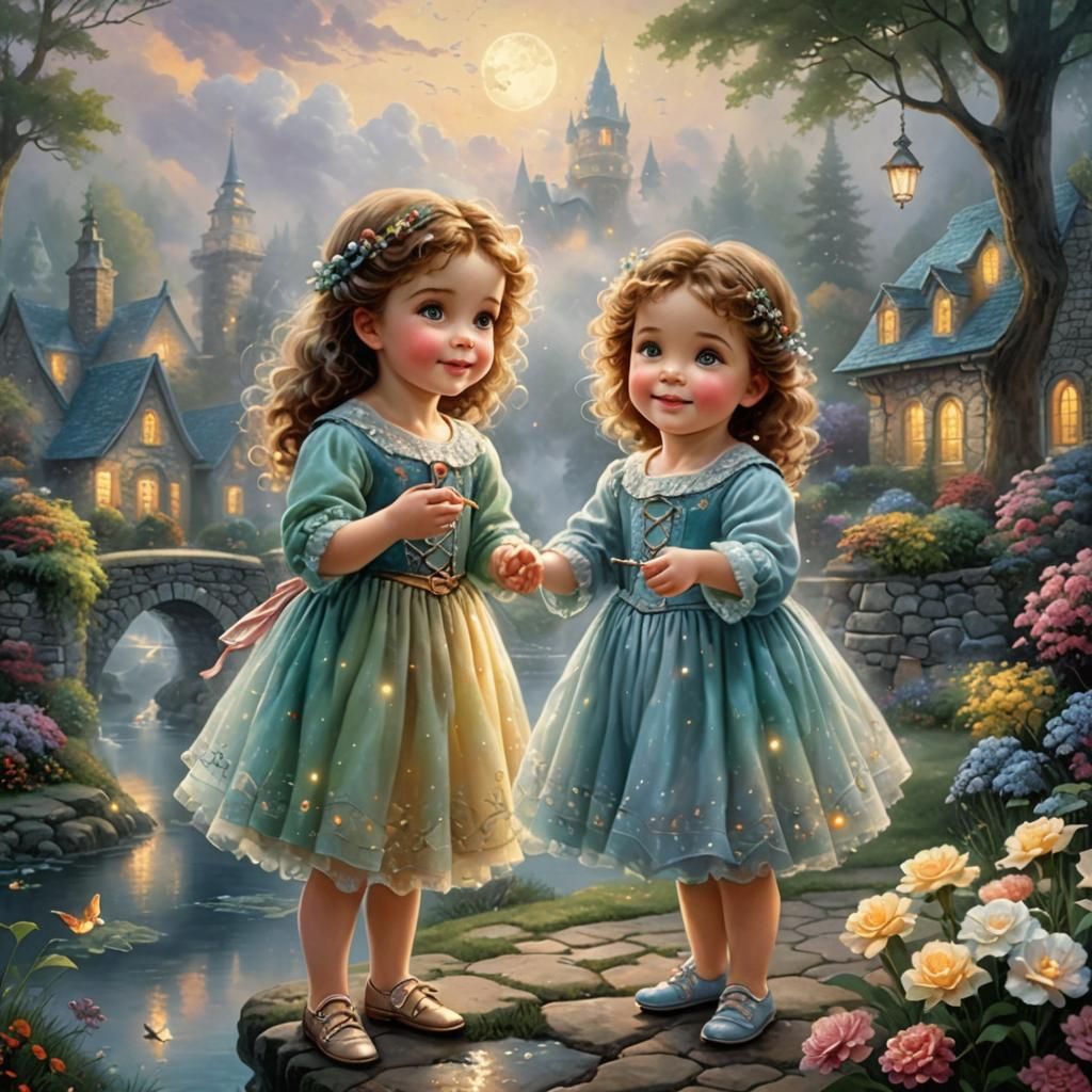Adorable Twins in Ethereal Fantasy Style