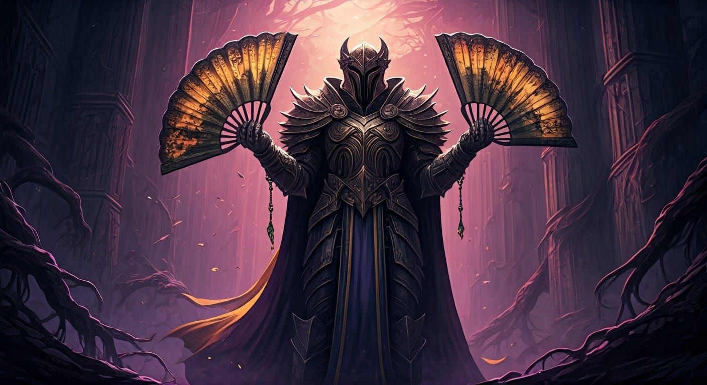 Ornate Warrior Amidst Gothic Ruins in Art Nouveau Style