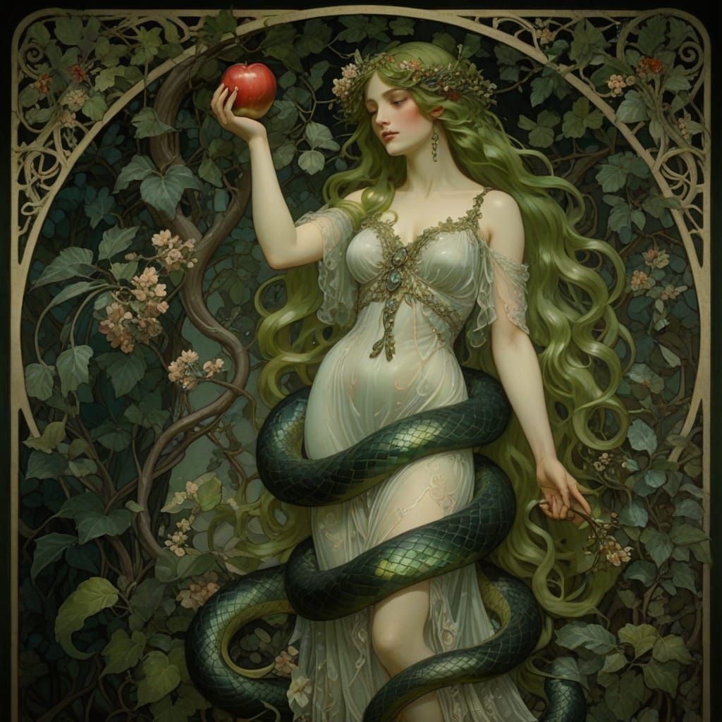 Art Nouveau Eve and Serpent in Eden