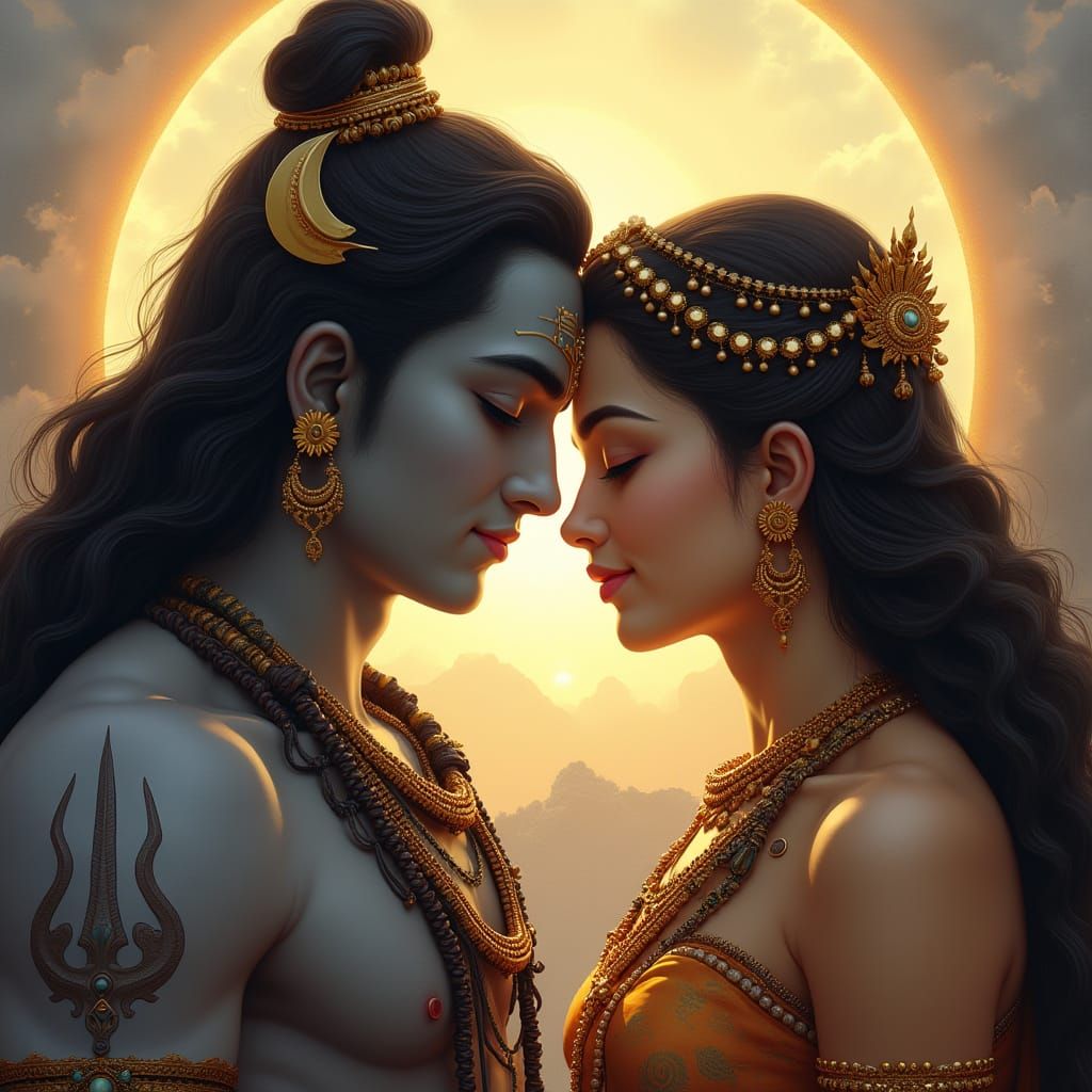 Shiva and Parvati in Divine Embrace, Digital Art