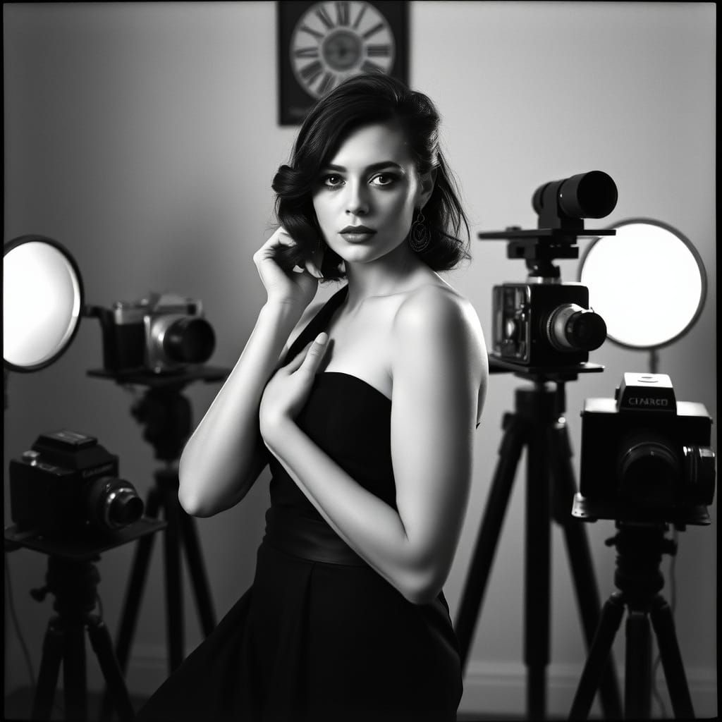 Elegant Woman in Vintage Studio, Ansel Adams Style
