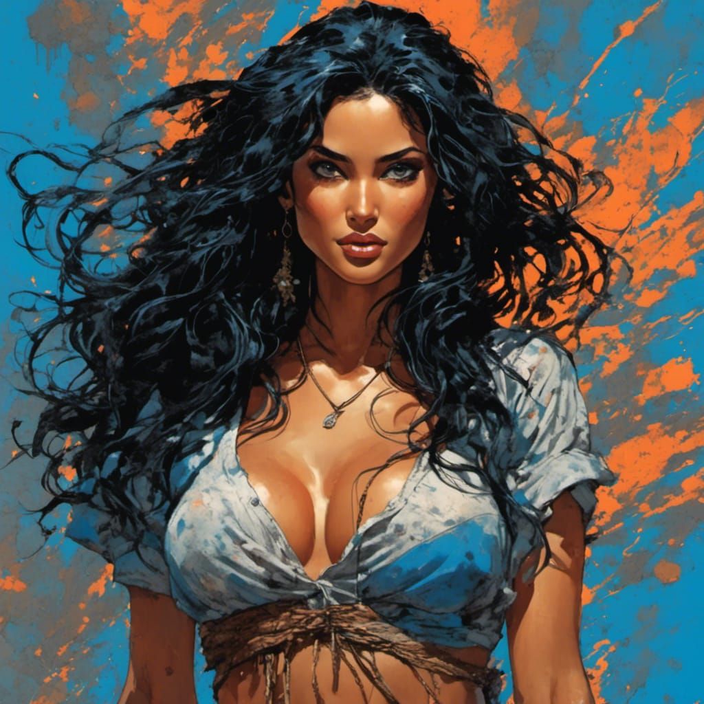 Alluring Woman with Blue Shirt in Digital Painting Style