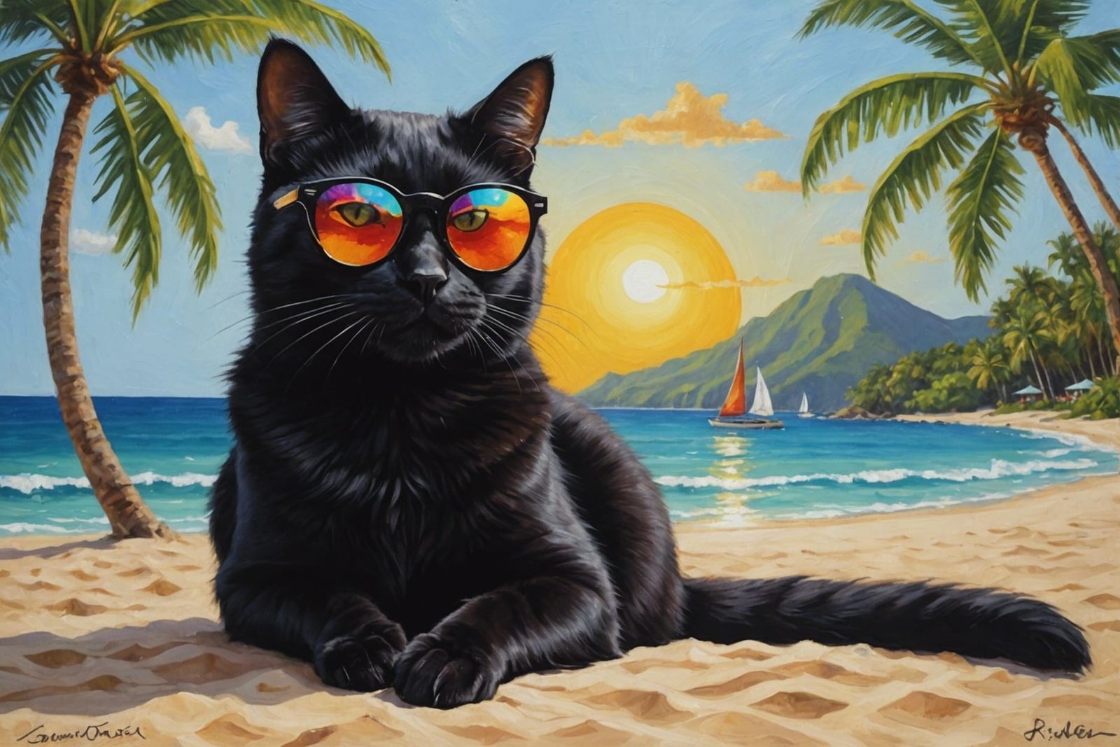 Black Cat on Tropical Beach in Oil Painting