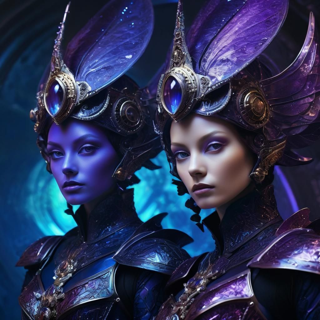 Alien Women in Crystal Armor: Steampunk Digital Art