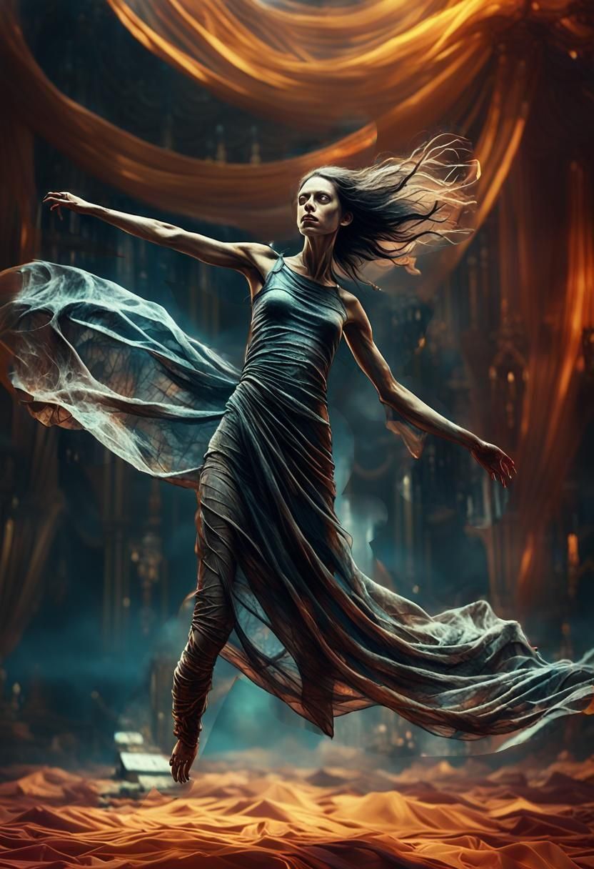 Woman in Flowing Fabric in Post-Apocalyptic Cityscape