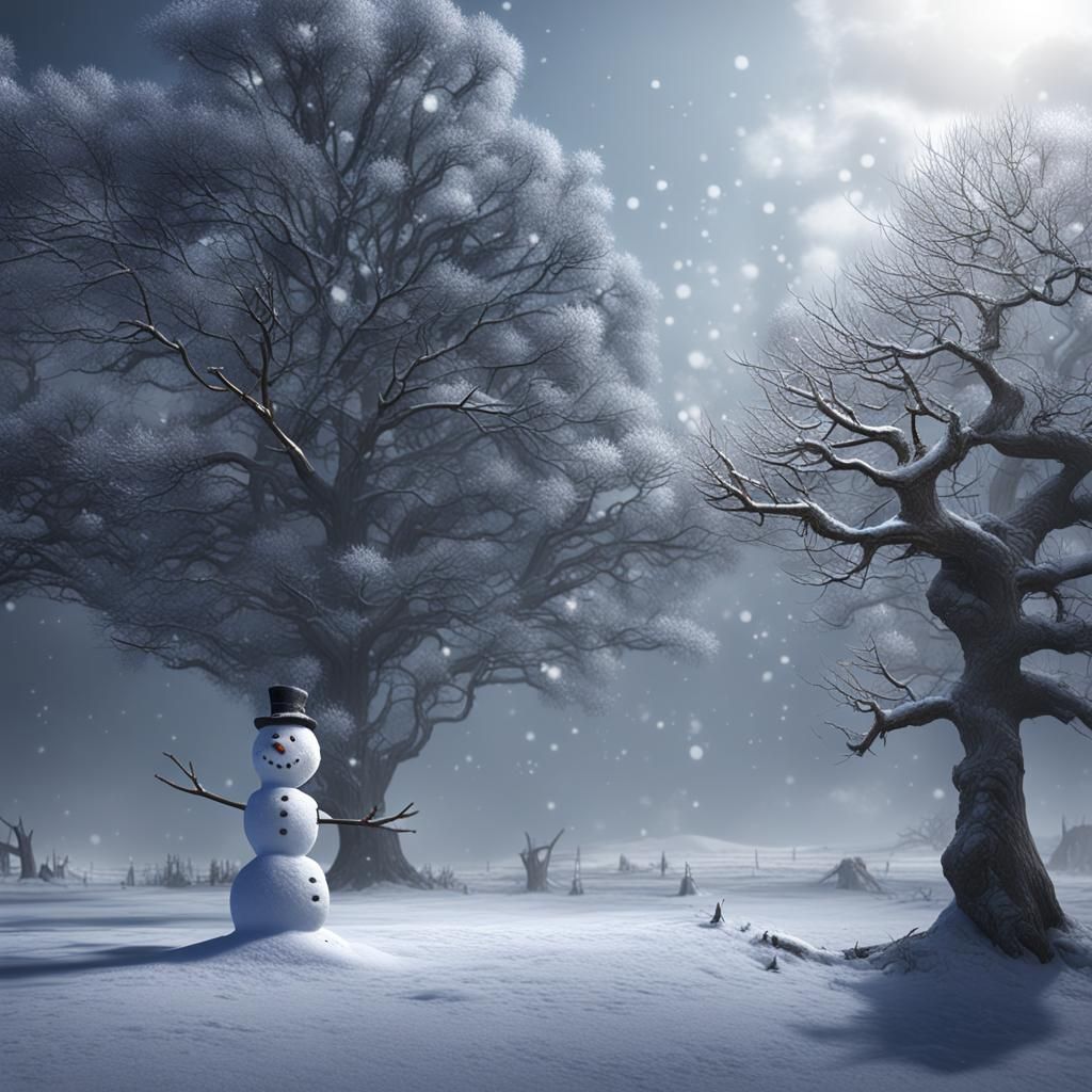 Snowy Winter Scene with Snowman: Fantasy Concept Art
