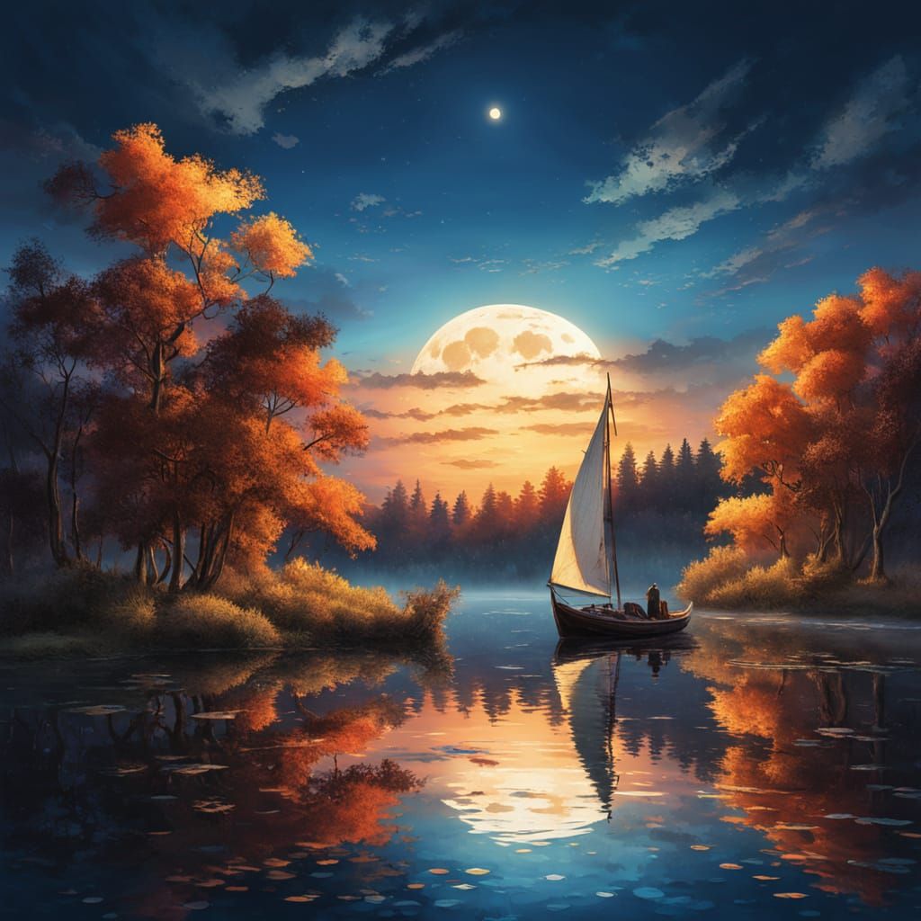 Moonlit Lake Landscape in Oil Painting Style