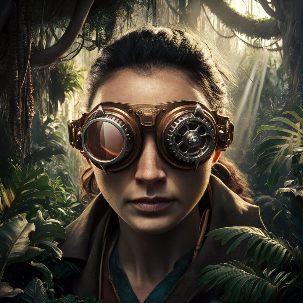 Steampunk Goggles in a Lush Jungle Close-Up