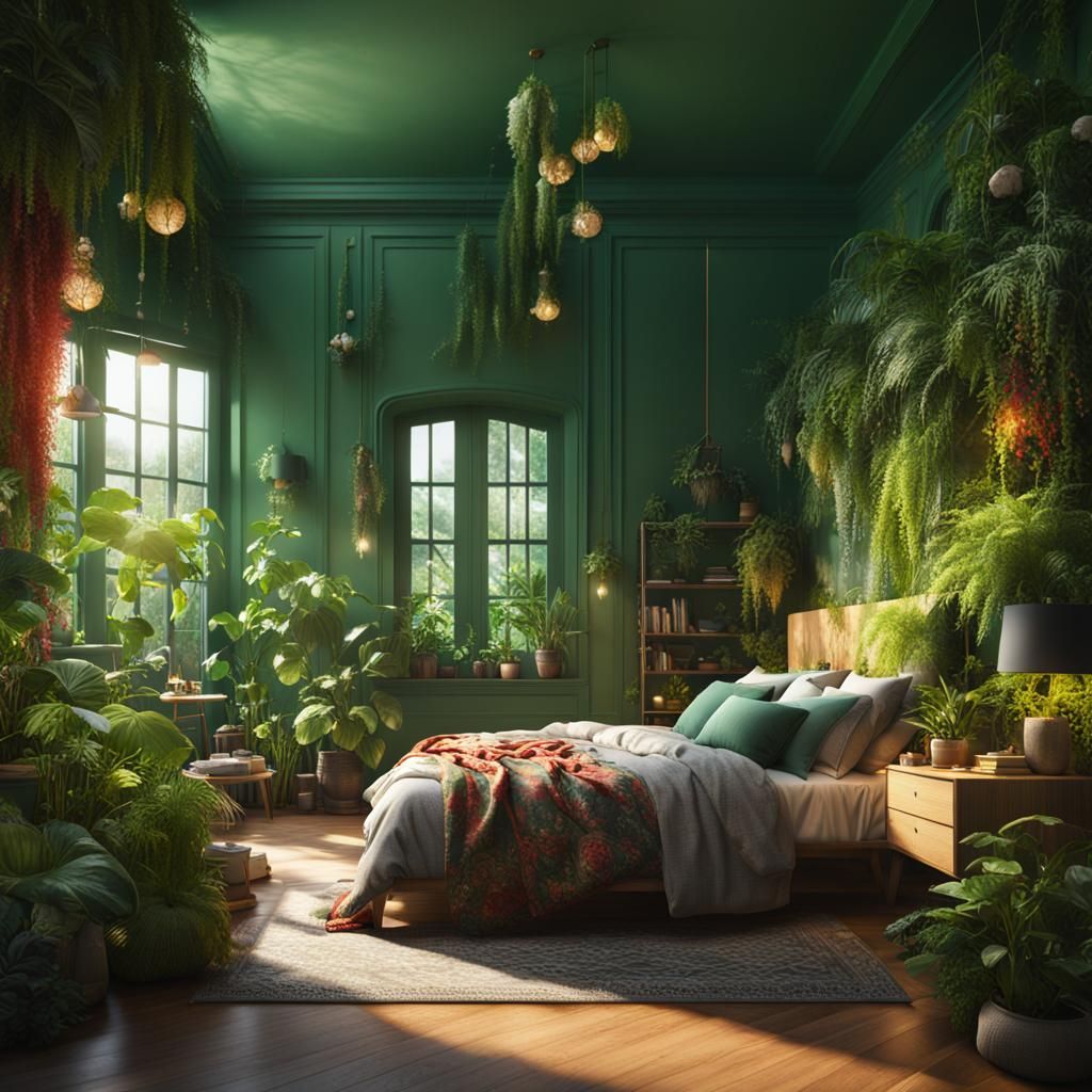 Lush Green Bedroom with Colorful Plants in Matte Painting St...