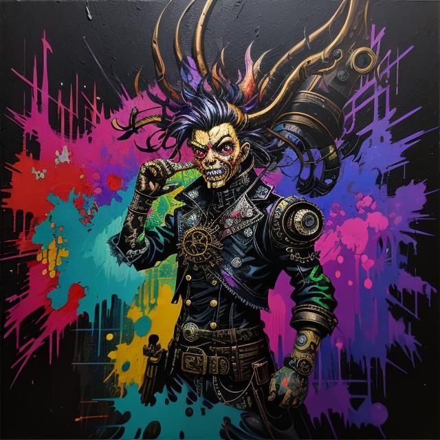Steampunk Demon in Glitch Dimension Graffiti Art