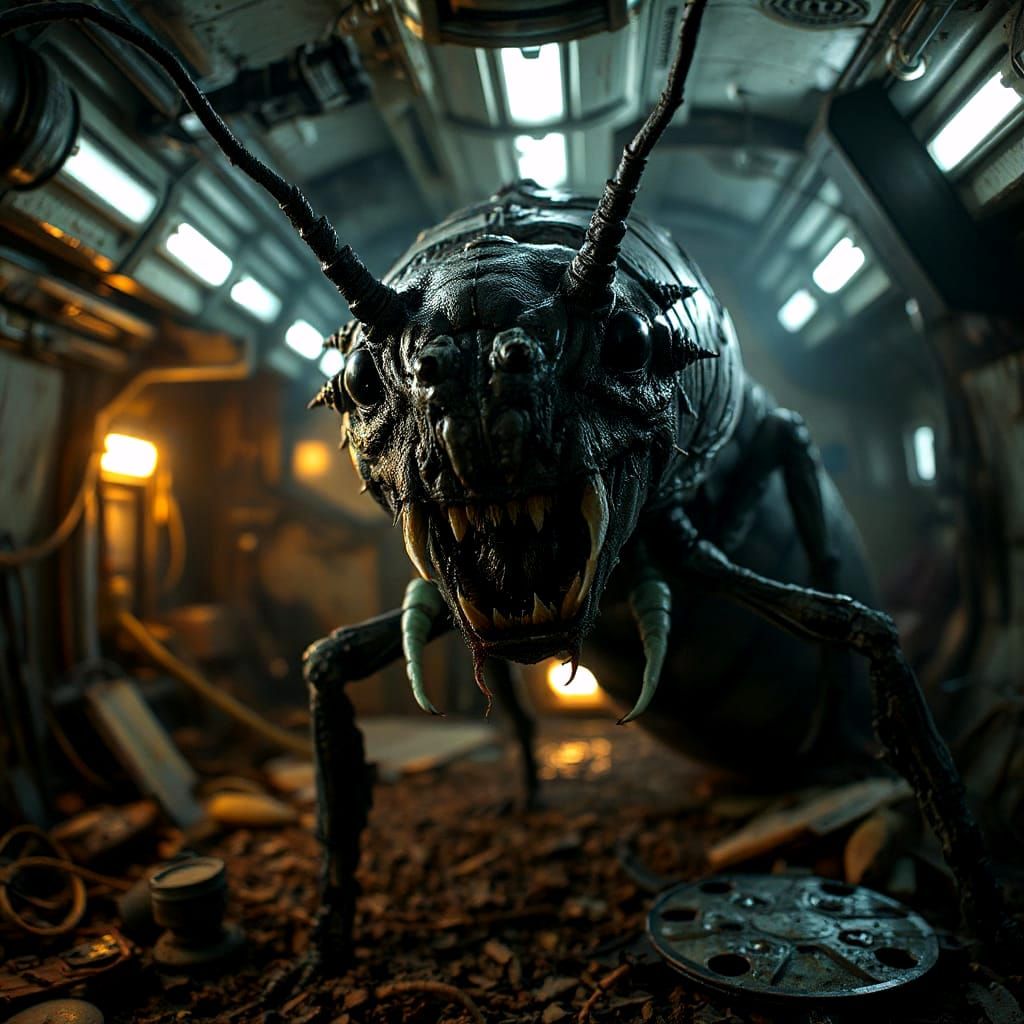 Menacing Insectoid Beast in Derelict Spaceship