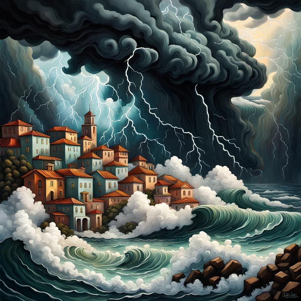 Stormy Seaside Town Painting in Surrealist Style