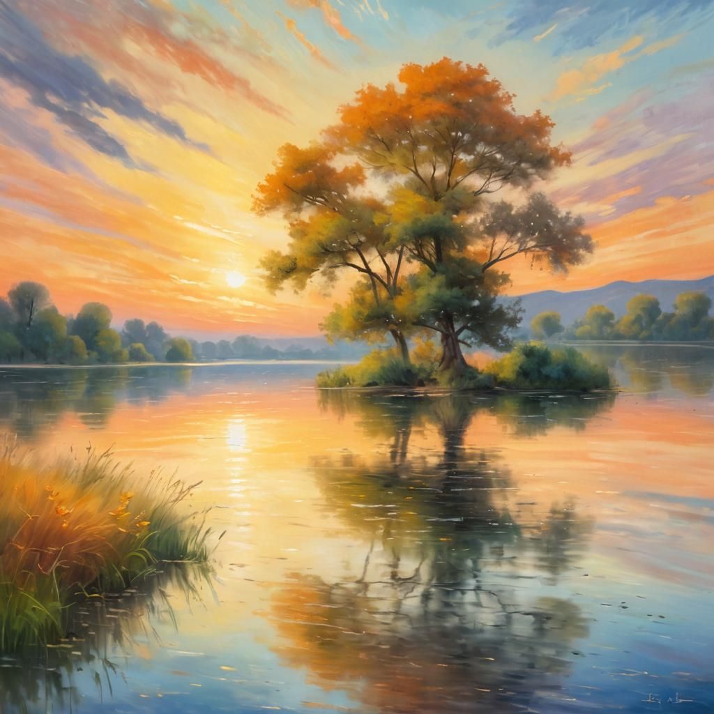 Impressionist Lakeside Sunset with Dreamy Oil Painting Style