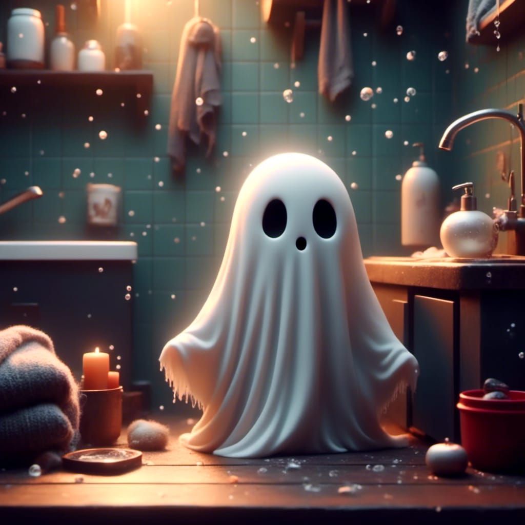 Cute Tiny Ghost in Cozy Washing Room