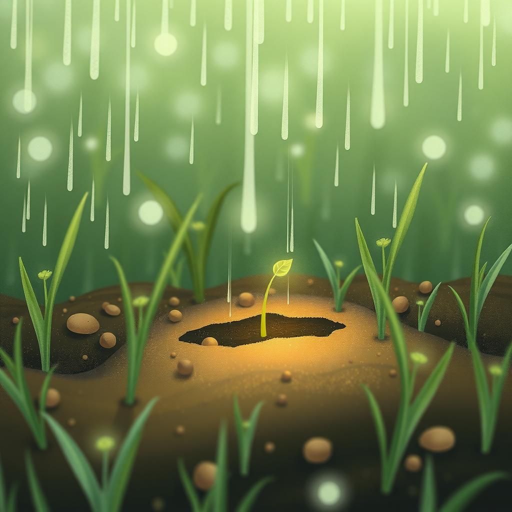 Seed Sprouting in Meadow, Dreamy Whimsical Illustration