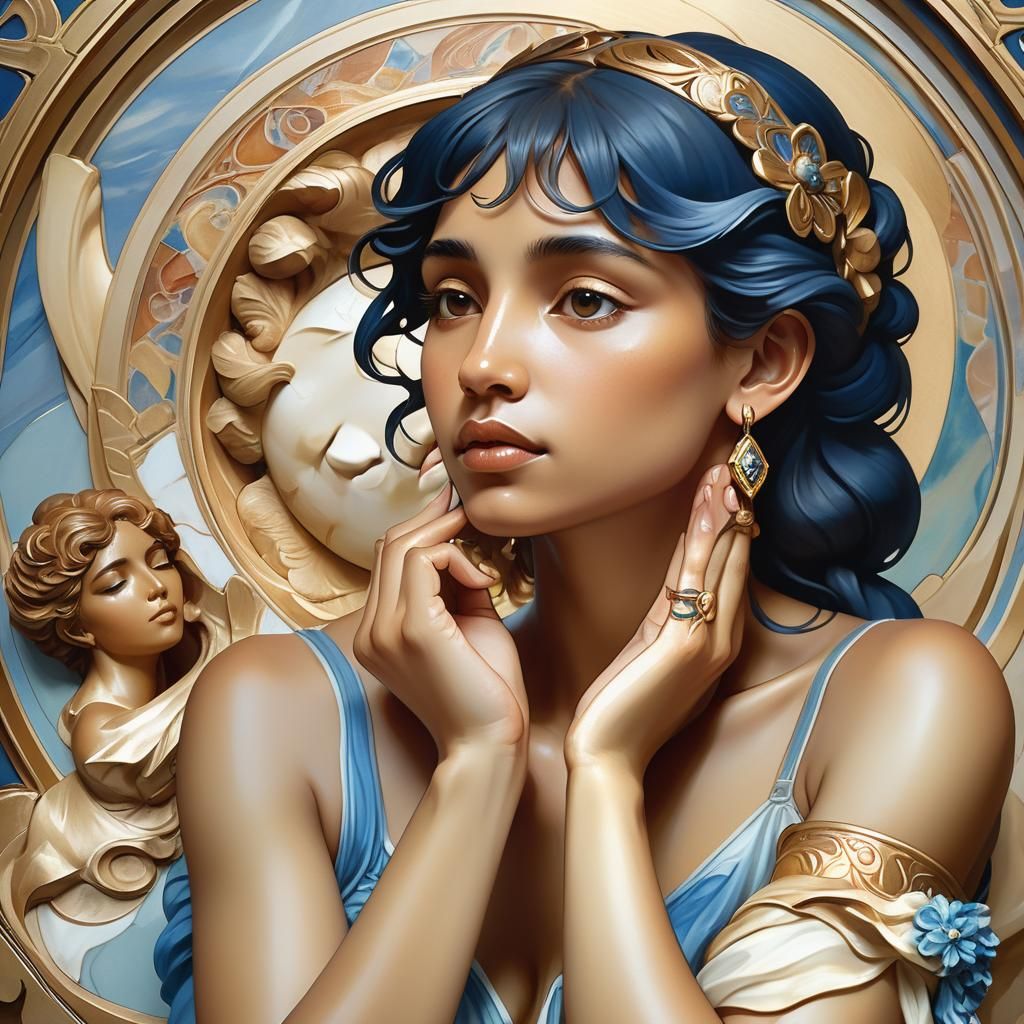 Woman and Statue: Art Nouveau Portrait in Soft Light