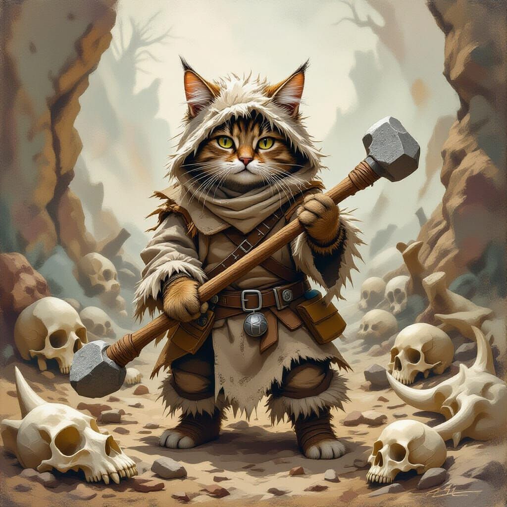 Prehistoric Cat Wielding Stone Tools as Digital Art