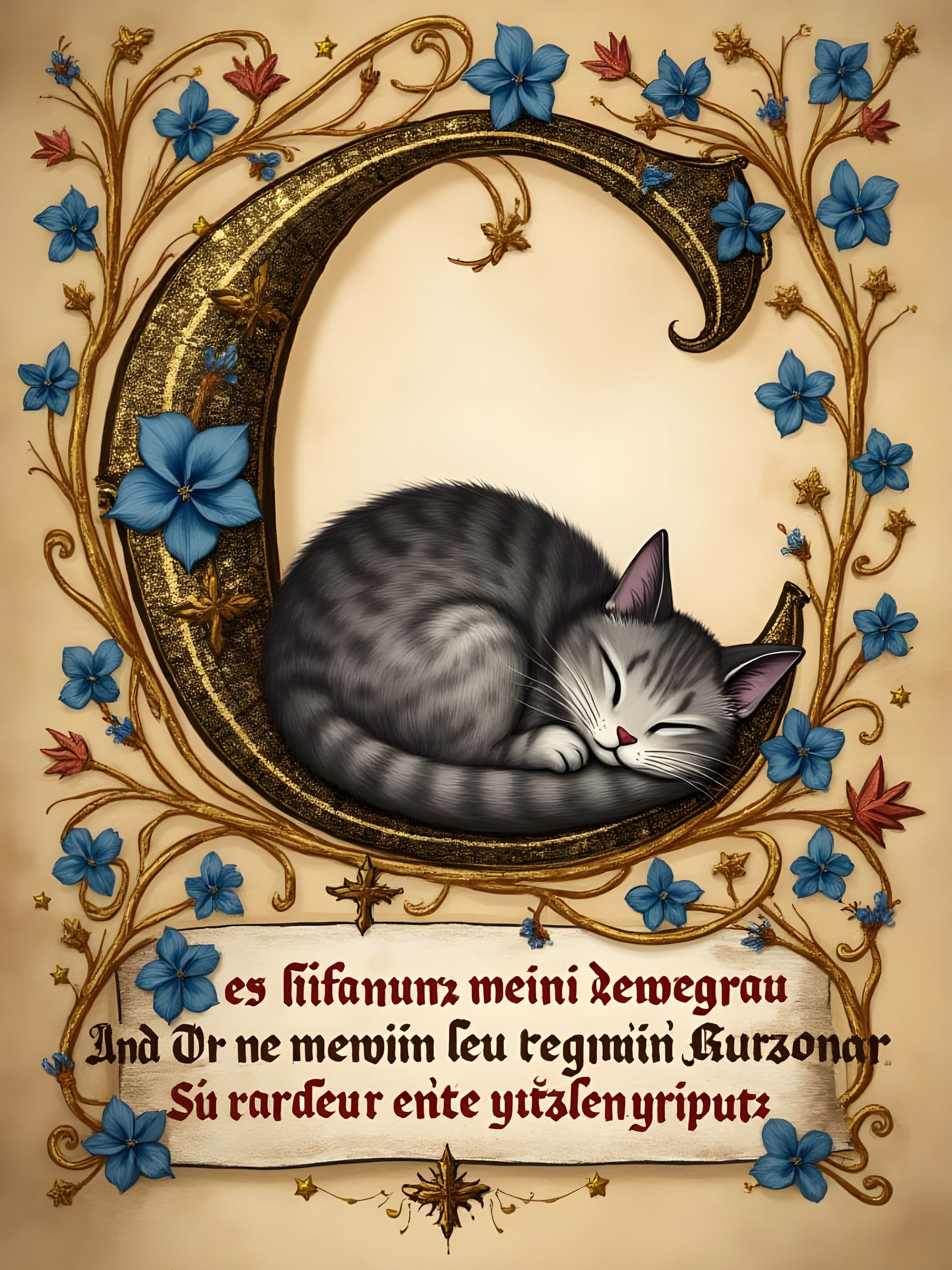 Medieval Illuminated Manuscript with Sleeping Cat