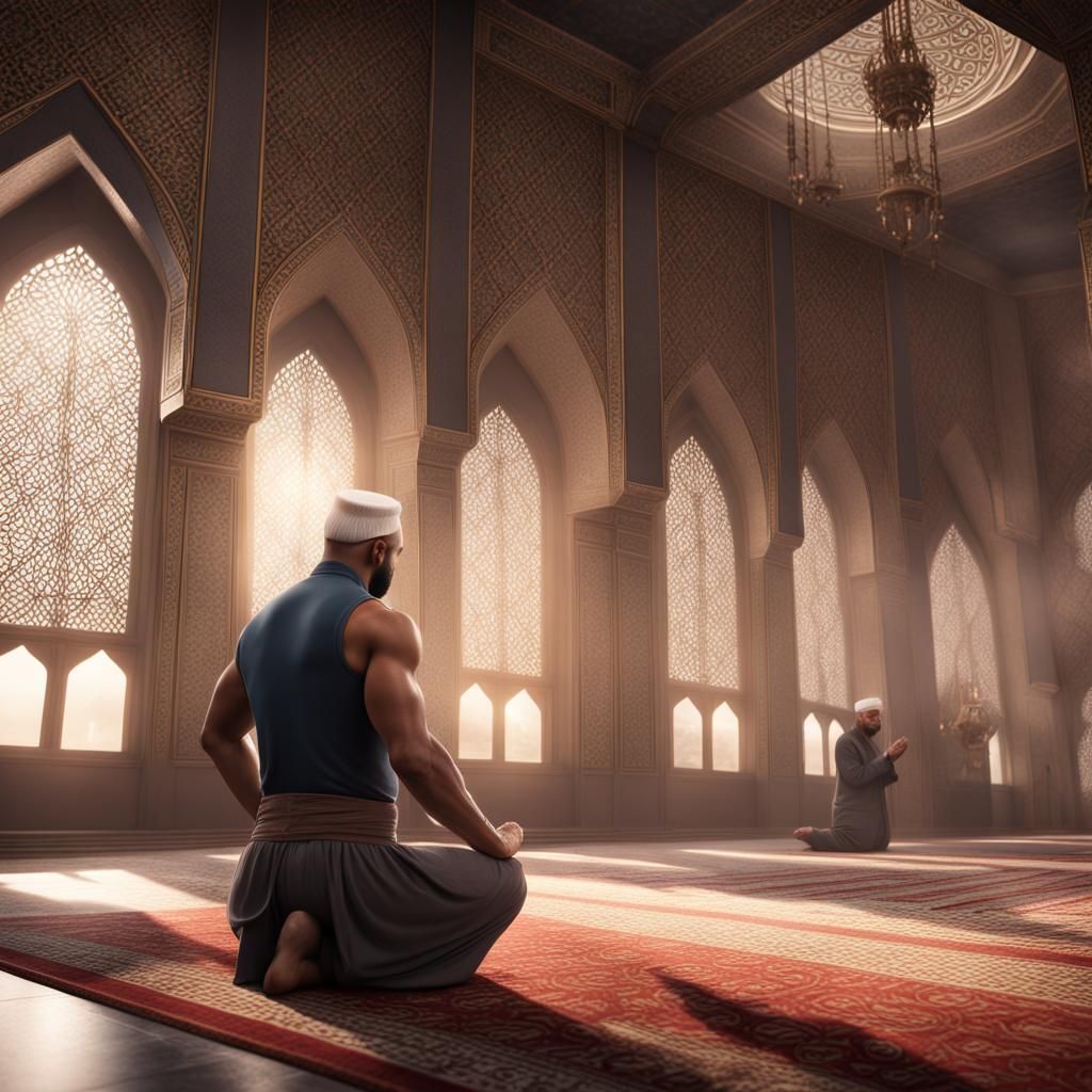 Muscular Muslim Man Praying with Family and Trump
