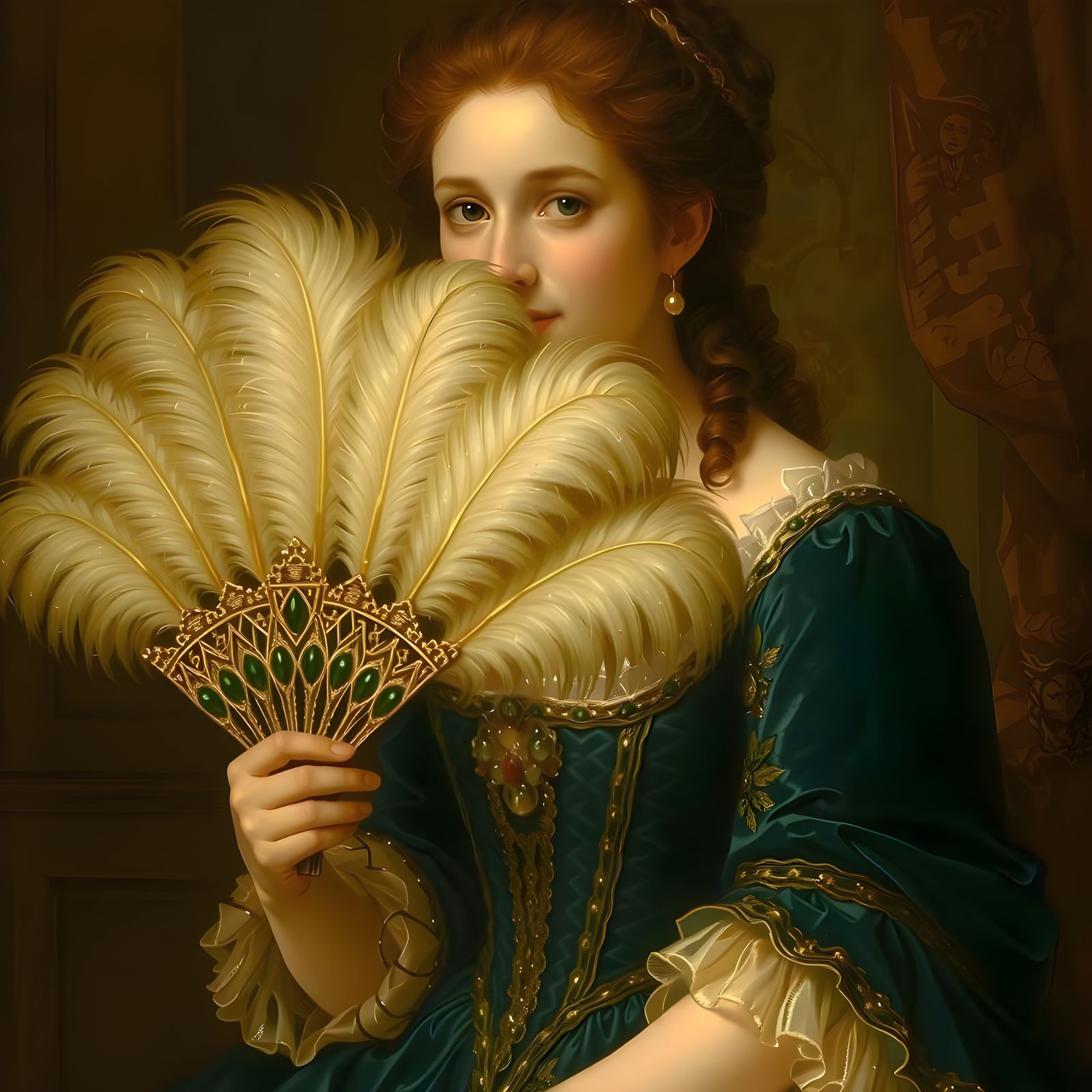 French Court Portrait: Young Woman with Feather Fan
