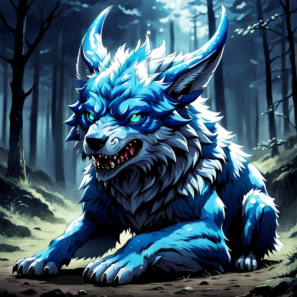 Blue Horned Wolf-like Monster in Anime Style