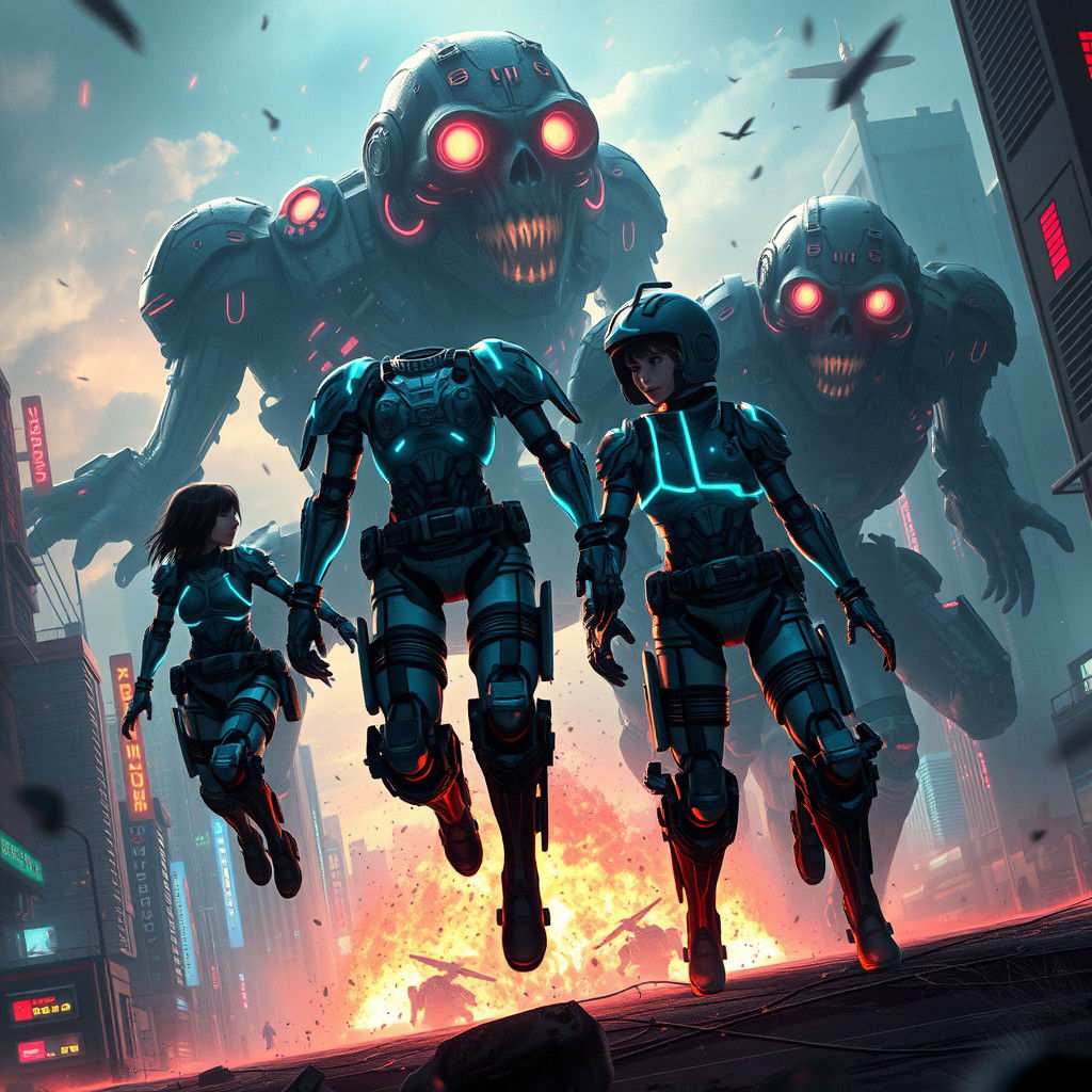 Neon Metropolis Clash: Armored Heroes Versus Titans