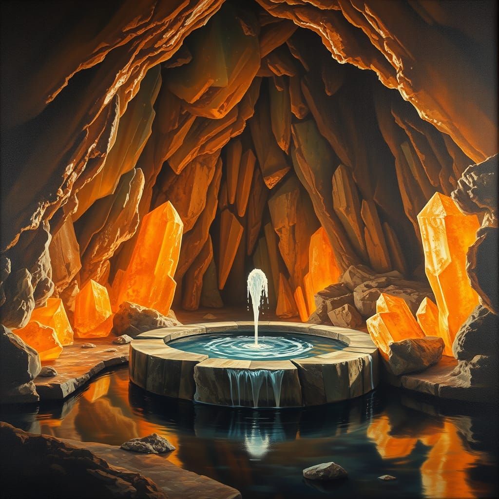 Crystalline Cave with Fountain in Surreal Style