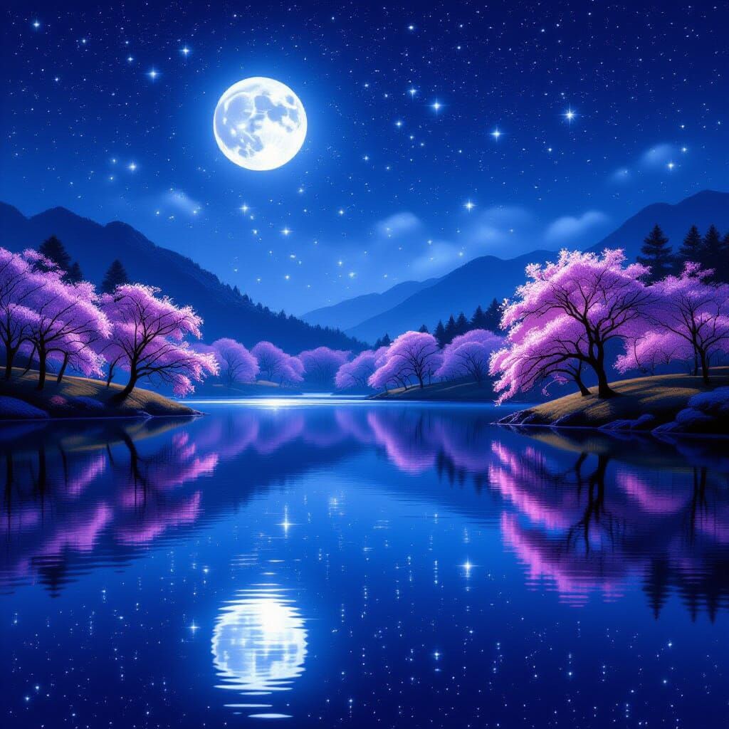 Dreamy Midnight Sky Reflected in Shimmering Lake