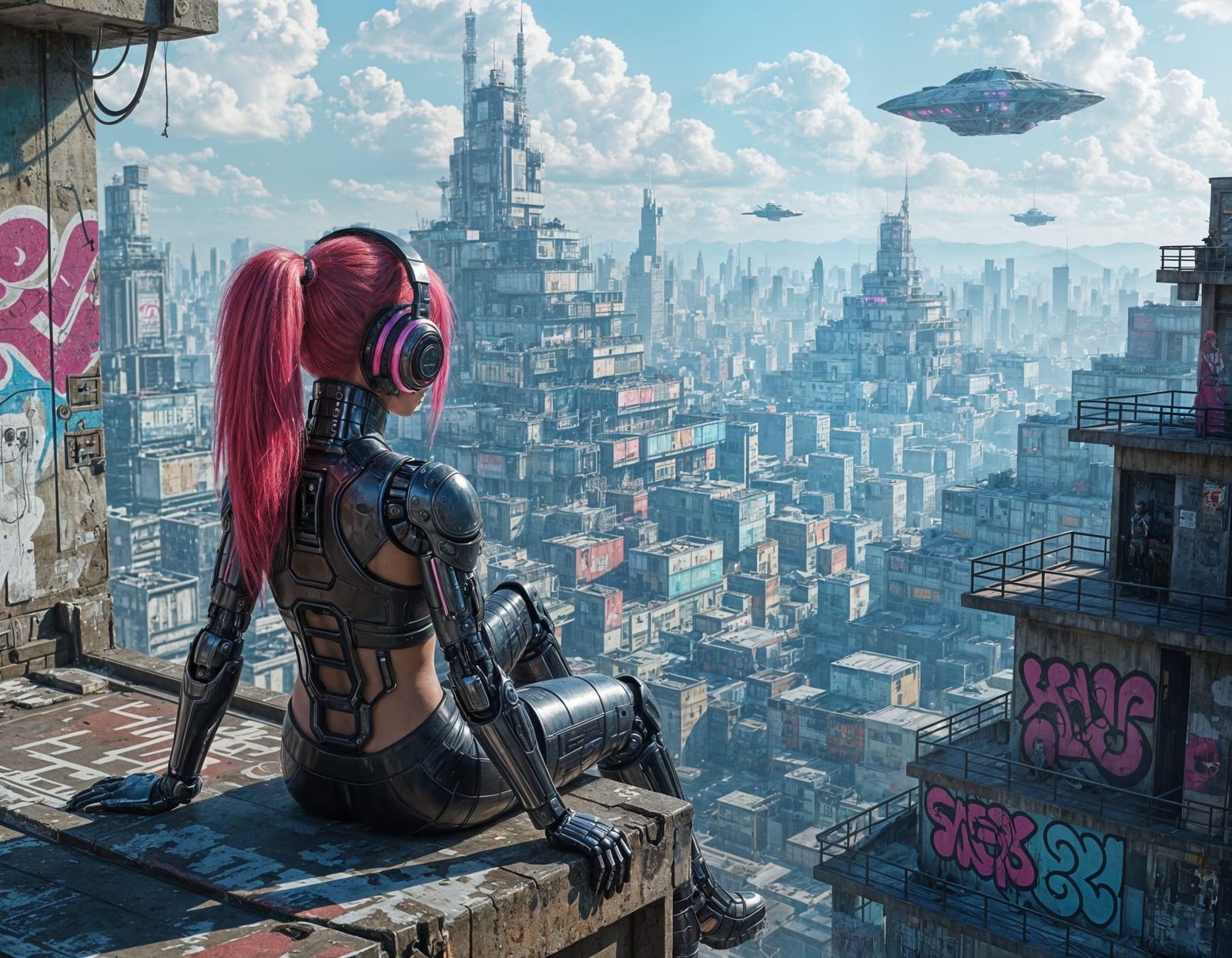 Cyborg Contemplates Dystopian Cyberpunk Cityscape