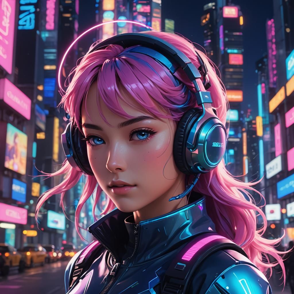 Anime Mermaid in Cyberpunk Cityscape