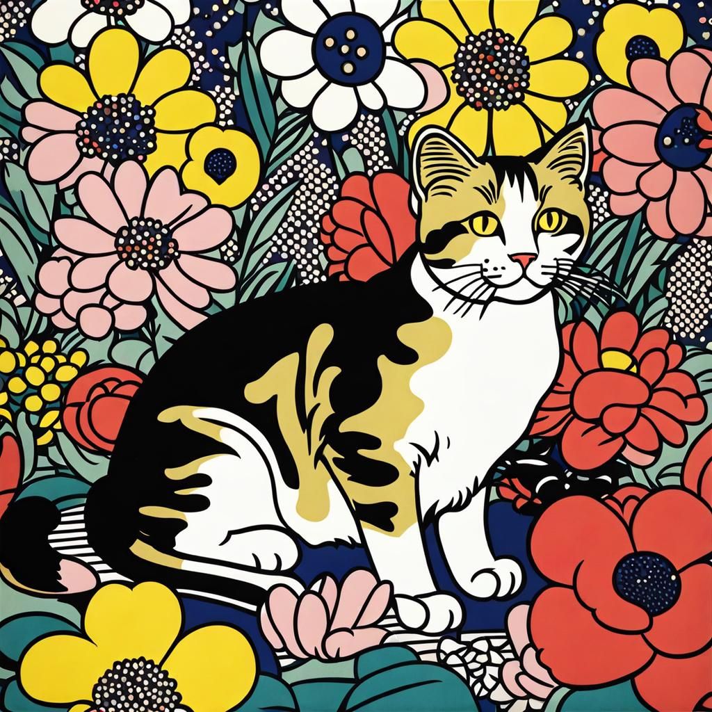 Pop Art Cat with Flowers in Lichtenstein Style
