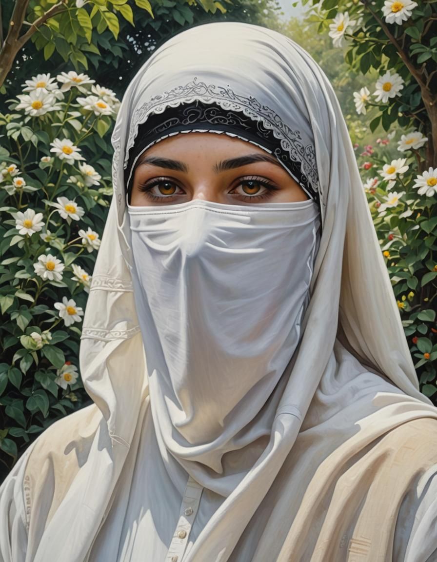 Oil Portrait of a Niqabi in Garden Setting