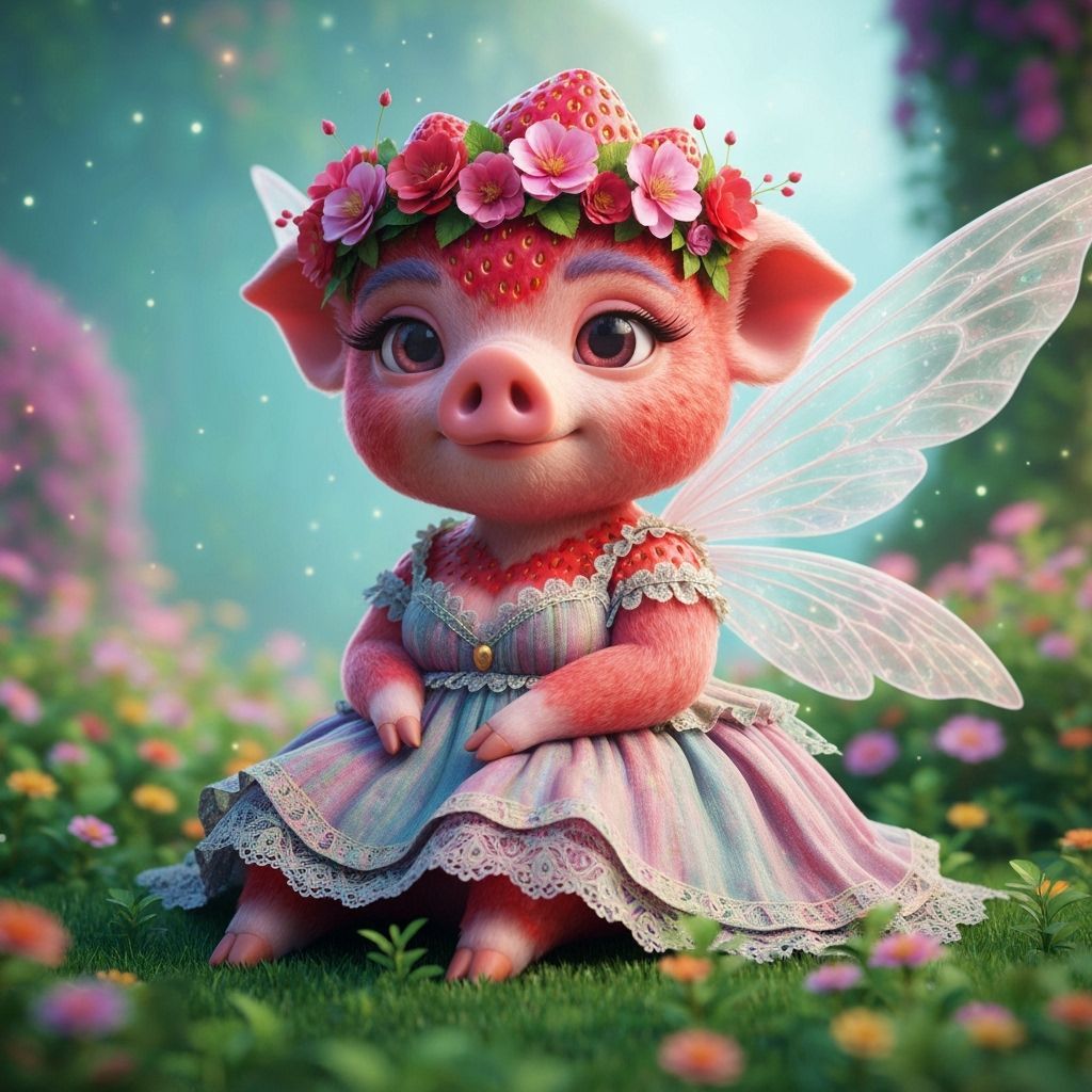 Strawberry Pig Fairy with Detailed Wings, 3D Render