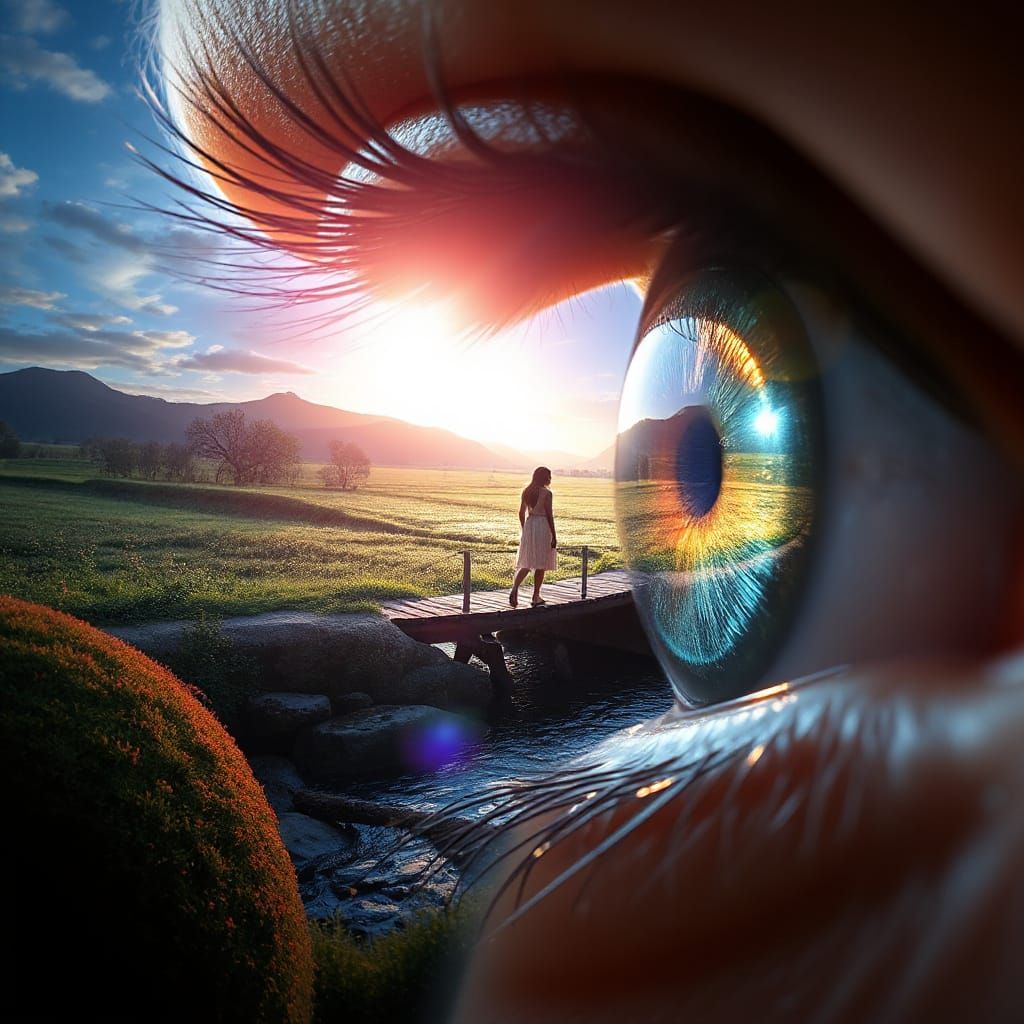 Eye Reflecting Spring Creek Landscape in Splash Art Style