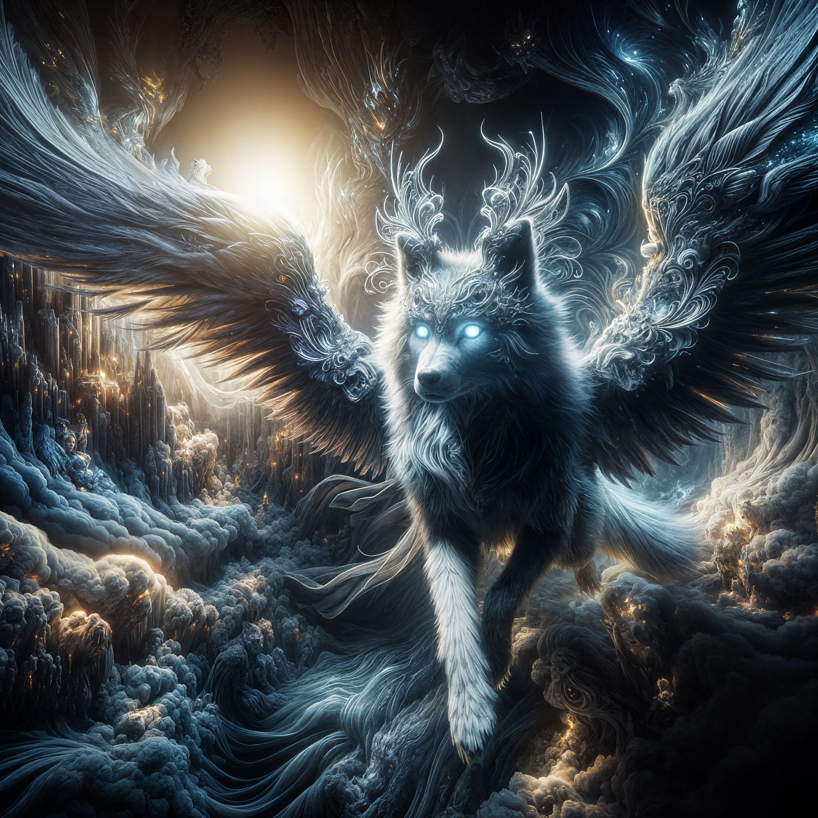Ethereal Wolf with Angel Wings Digital Painting