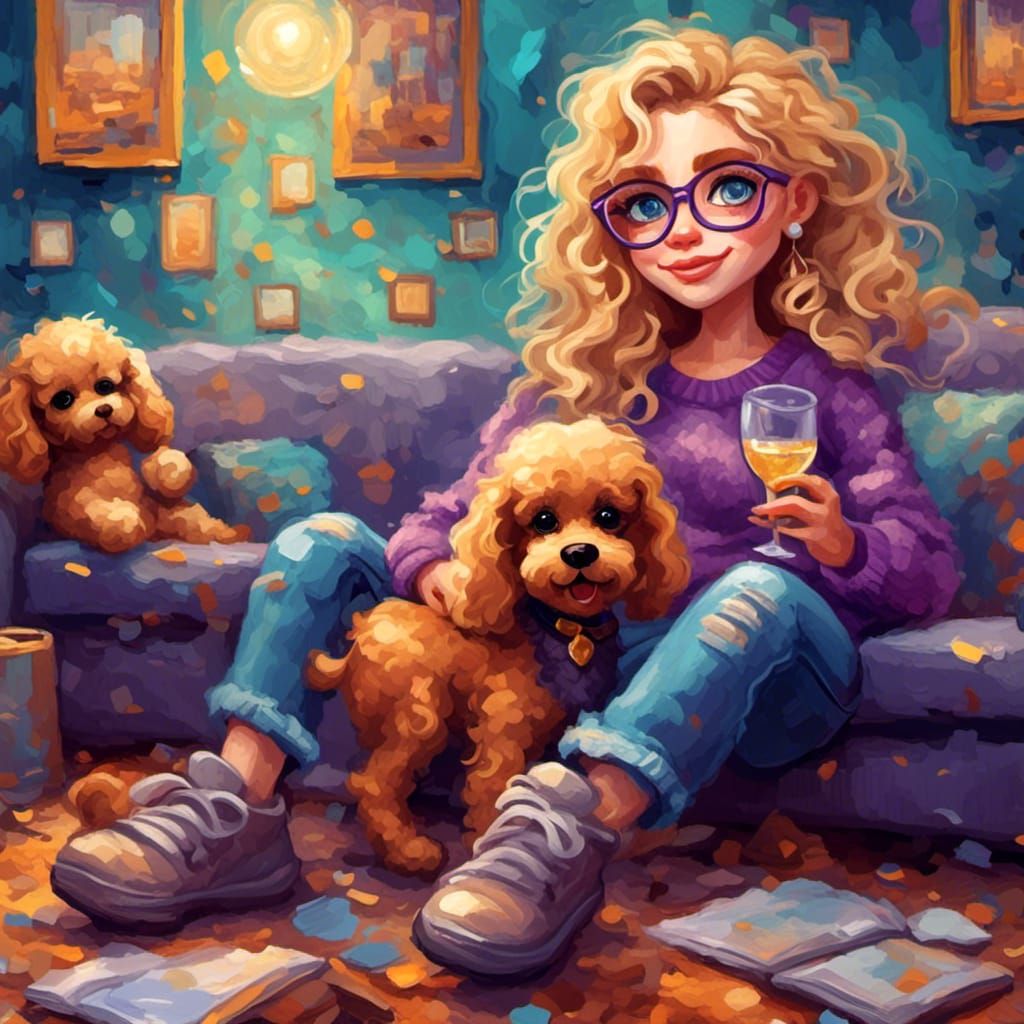 Chibi Woman with Poodle in Oil Illustration