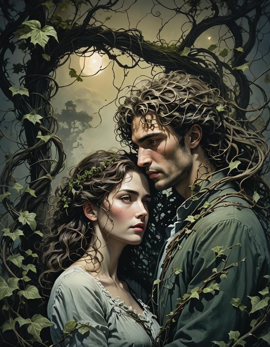 Passionate Lovers in Moonlit Garden, Art Nouveau