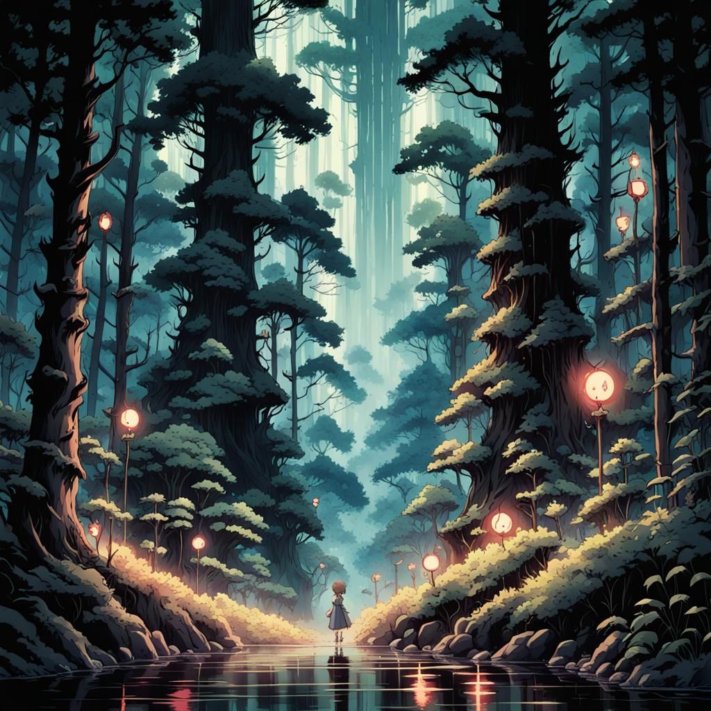 Studio Ghibli Inspired Neon Forest at Midnight