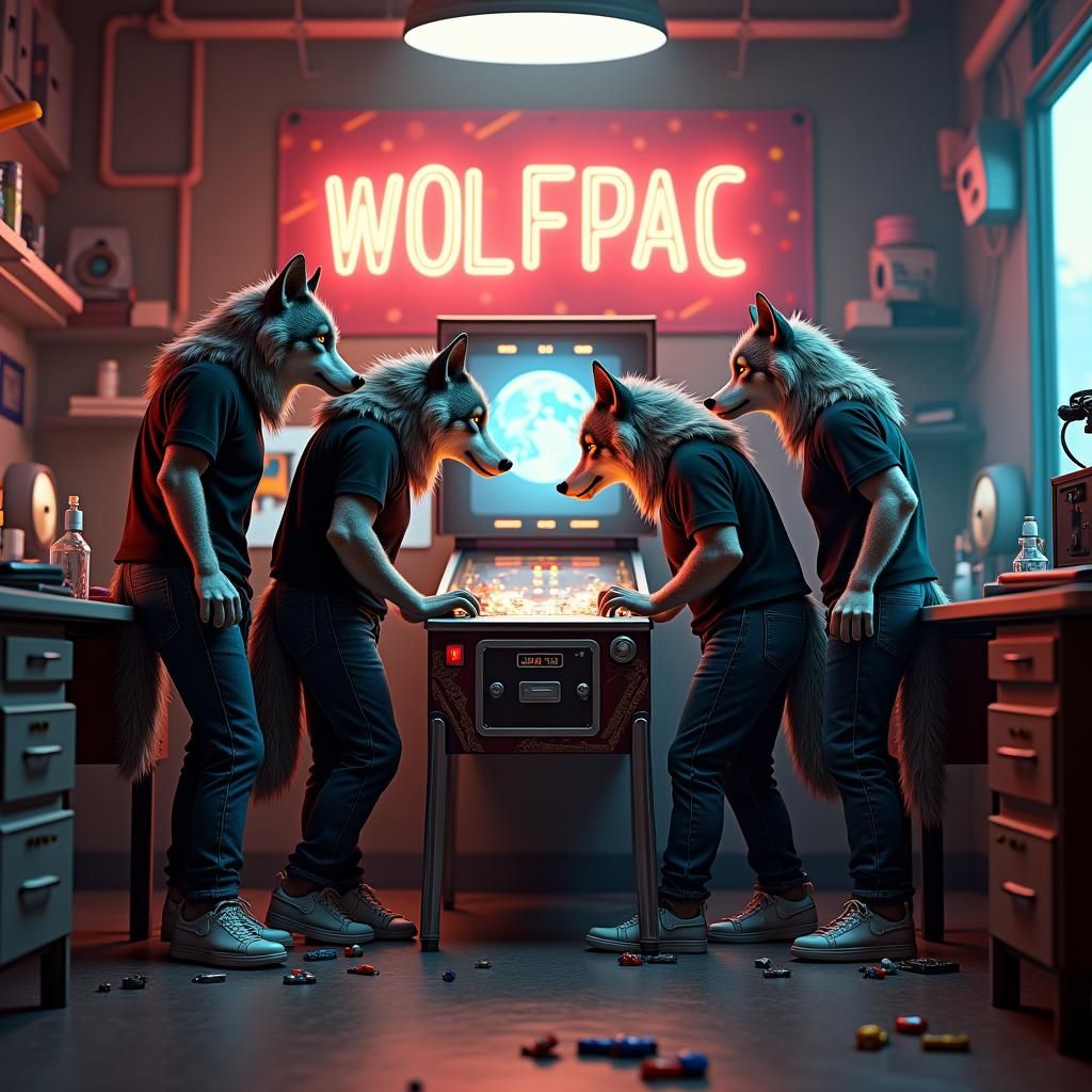 Wolves Play Pinball in Retro Electronics Lab