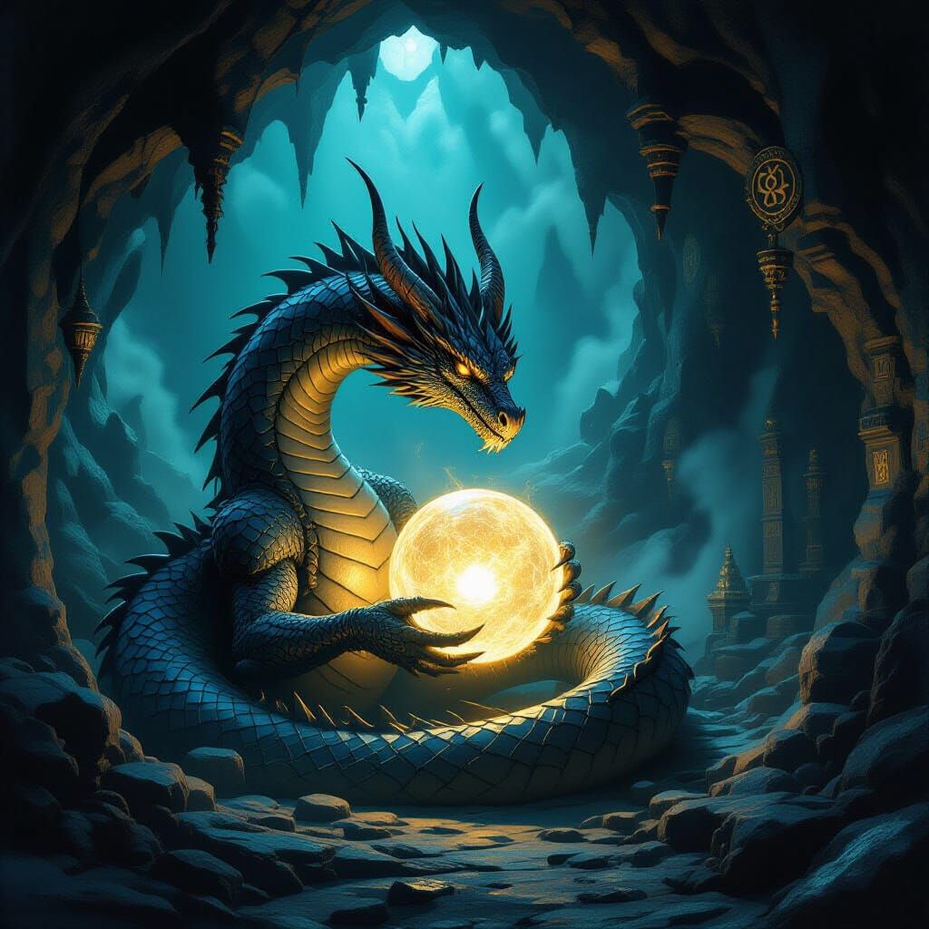 Ancient Obsidian Dragon Guards Ethereal Orb in Dark Fantasy ...
