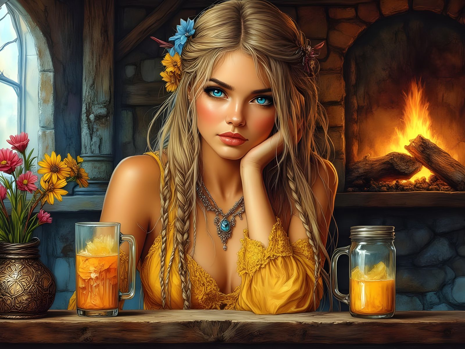 Norse Goddess Lofn in Romantic Fantasy Tavern Portrait